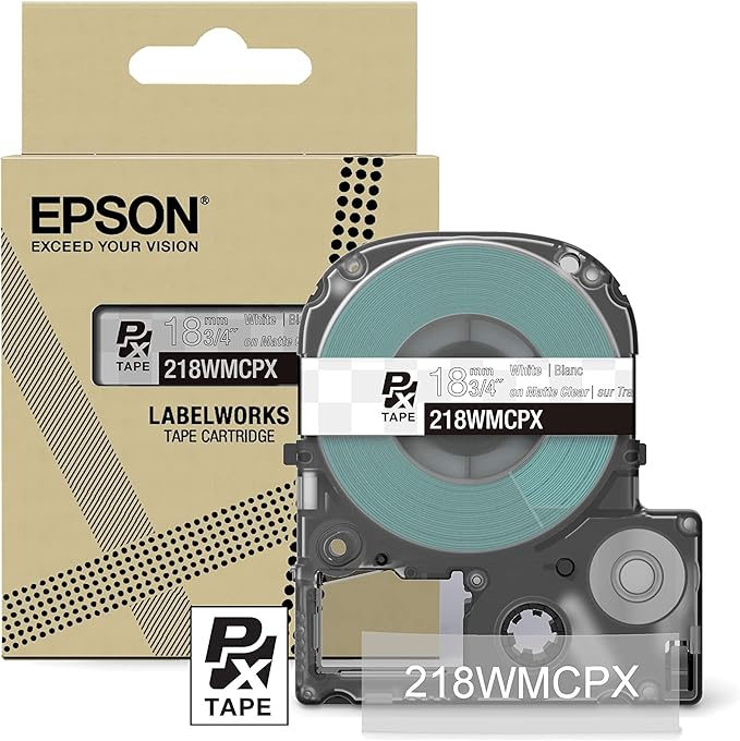 Epson LABELWORKS 218WMCPX Genuine PET (Polyester) Tape Cartridge - White on Matte Clear Designer Craft Label Maker Tape - 3/4" (18MM) Wide, 26'-DeskLoop Office