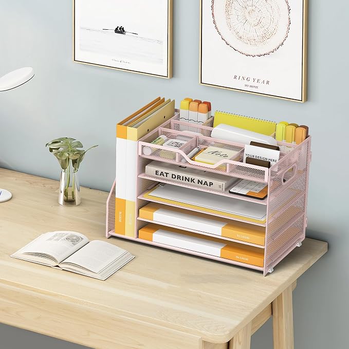 5 Tier Paper Letter Tray with File Holder and 3 Drop-in Pen Holders, Mesh Desk - Image 6