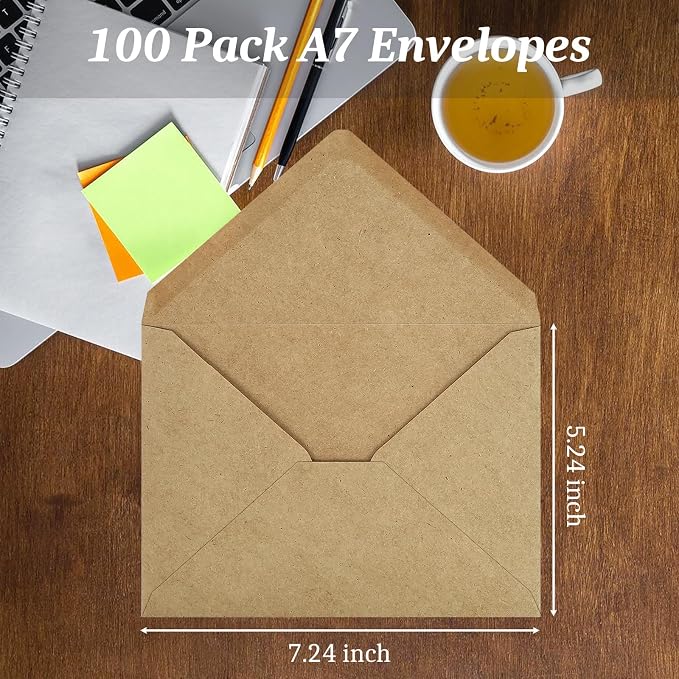 100 Pack A7 Envelopes, Kraft Greeting Card Envelopes Self Seal, 5.24 x 7.24 in - Image 3