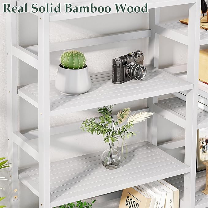 Homykic Bamboo Triple Wide Shallow Bookshelves and Bookcases, 6-Tier 6ft Tall Bookshelf with 17 Open Display Shelves, Super Large Freestanding Book Shelf for Home Office, Bedroom, Living Room, White-DeskLoop Office