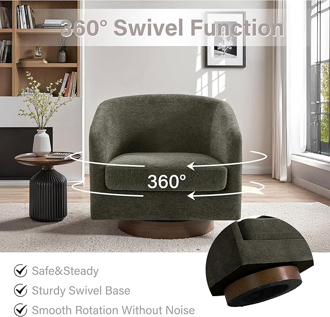 UIXE Swivel Accent Chair with Wood Base, Chenille Upholstered Barrel Chairs for Living Room, Comfy Round Armchair Single Sofa Bedroom Reading Seat - 31" W, Tan-DeskLoop Office