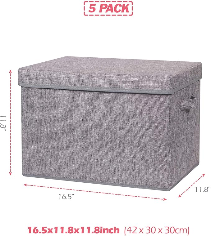 5 Pack Large Foldable Storage Box with Lids Fabric Storage Cube Organizer Cloth Containers Bins Baskets for Closet Clothes Clothing Bed Room-DeskLoop Office