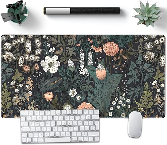 Dark Flower Desk Mat Floral Plants Mouse Pad Boho Aesthetic Wildflowers Large by Nasdalgias