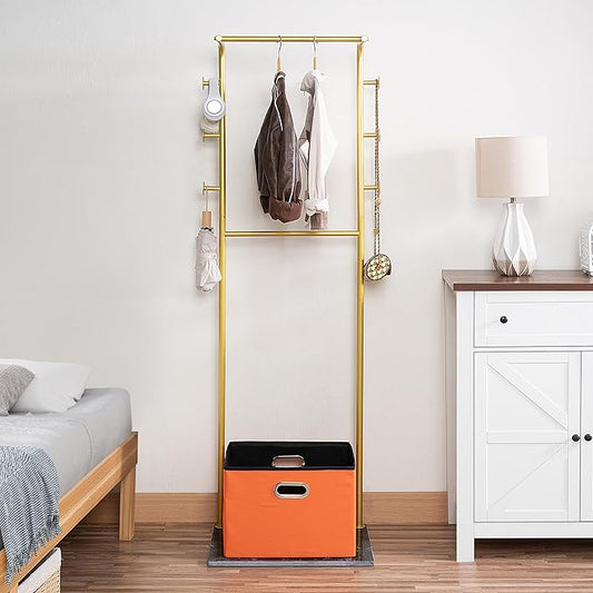 Heavy Duty Coat Rack with Storage Basket Metal Hanging Clothes Rack with Marble Base Modern Standing Clothing Rack for Entryway Bedroom Living Room Hotel 19.69 x 13.39 x 67.72 Inches (Gold)-DeskLoop Office