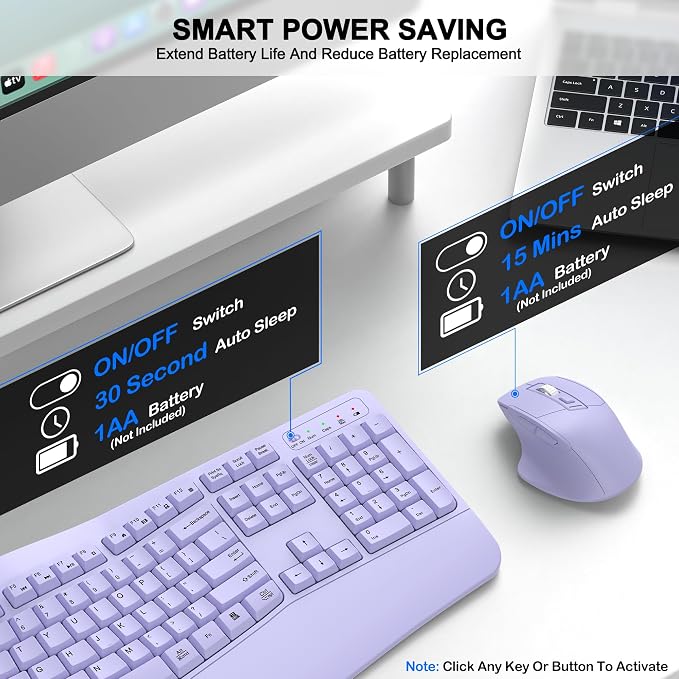 Wireless Keyboard and Mouse Combo, 2.4G Full Size Wave Keys Ergonomic Keyboard - Image 6
