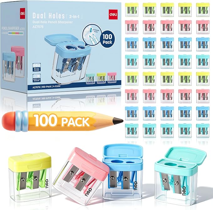 Deli Pencil Sharpener, 100 Pack Pencil Sharpeners Manual, Dual Holes Compact by delioffice