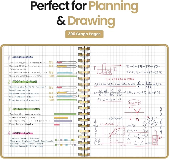 Spiral Graph Paper Notebook Journal for Work, 300 Pages, Thick B5 (7.1"x10") Grid Journals for Women & Writing, Hardcover Notebook for Note Taking, Perfect for Work School Note Taking Business, Grey Beige-DeskLoop Office