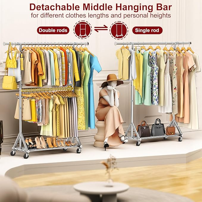 100% Stainless Steel Heavy Duty Clothes Rack Load 860LBS, Rolling Double Rods Clothing Racks for Hanging Clothes, Adjustbale Garment Rack With Sturdy Wheels Shelf, Portable Closet Rack Free Standing-DeskLoop Office