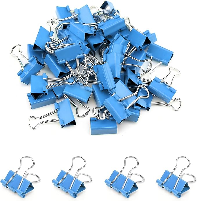 50 Pack Small Blue Binder Clips 3/4 Inch, Colored Little Paper Clamps, Tiny by Qikaara
