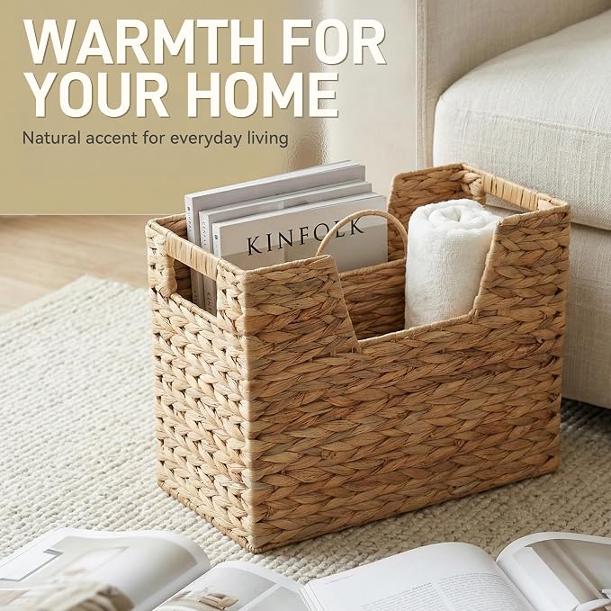Wicker Magazine Basket with Handle, Water Hyacinth Magazine Holder with 2 - Image 5