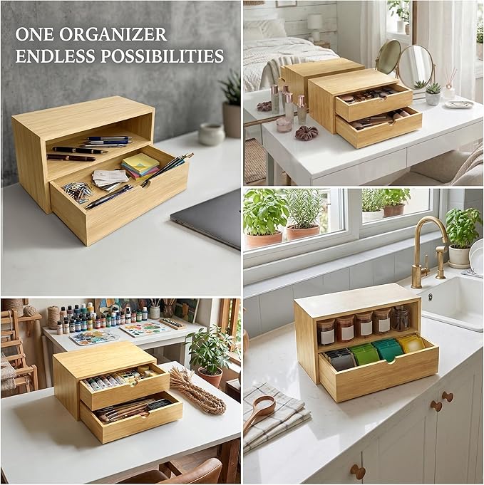 Bamboo Desk Organizer with 2 Drawers, Desktop Drawers Wooden Storage Box 13.4 x - Image 6