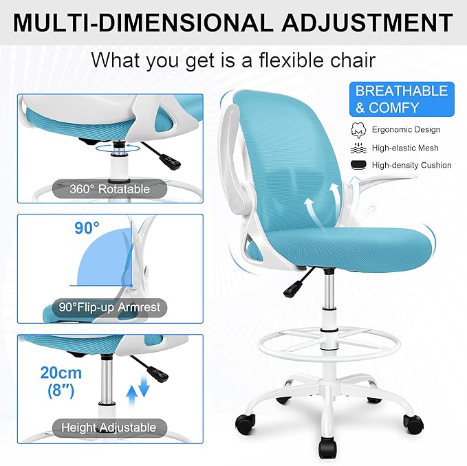 Primy Drafting Chair Tall Office Chair with Flip-up Armrests Executive Ergonomic Computer Standing Desk Chair with Lumbar Support and Adjustable Footrest Ring（Blue）-DeskLoop Office