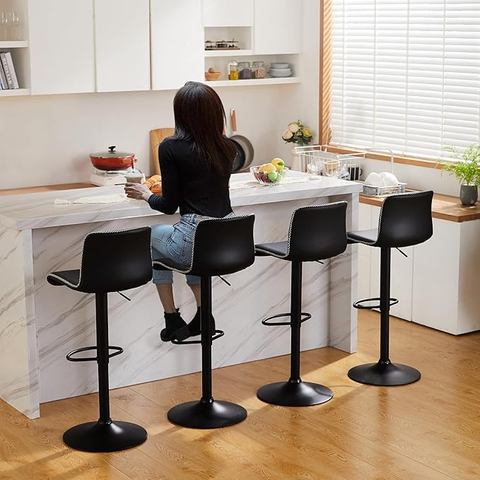 HeuGah Bar Stools Set of 3, Swivel Counter Height Barstools with Back, Adjustable Height 24" to 32", Black Faux Leather Bar Chairs for Kitchen Island (Black, Set of 3 (24'' to 32''))-DeskLoop Office