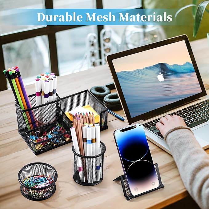 2 Pieces Pen Holder for Desk Mesh Metal Pencil Holders Pen Cup Marker Holder Desk Caddy with Sticky Notes Holder Pen Organizer for Office Supplies Workspace School Home Black-DeskLoop Office