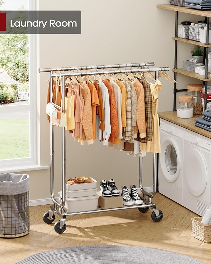 Heavy-Duty Clothes Rack - Double-Rod Stainless Steel Garment Rack with 4-inch Lockable Wheels, Clothing Racks for Hanging Clothes in Bedroom, Laundry Room, 43.3"×16.5"×61.0", Silver-DeskLoop Office