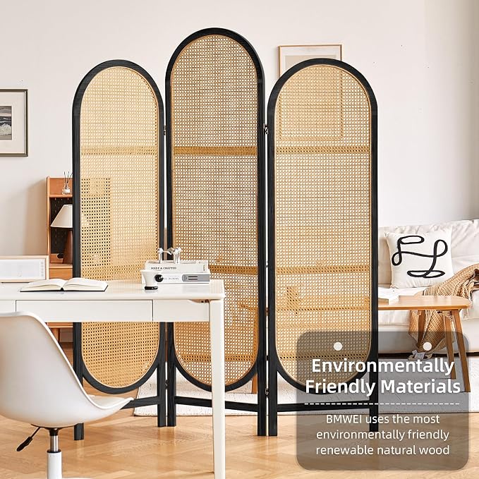 Asnefeli Room Divider 3 Panel, Hand-Woven Rattan Room Divider - Image 5