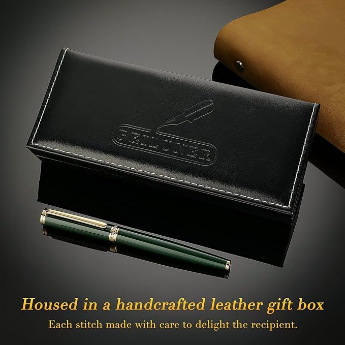 BEILUNER British Racing Green Fountain Pen,Stunning Luxury Pens with 24K Gold Accents, Gorgeous 24K Gilded Nib(Medium), Ink Converter, Pen Gift for Men&Women-Elegant, Reliable,Fancy for Writing-DeskLoop Office