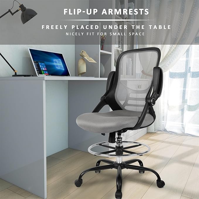 HYLONE Drafting Chair, Tall Office Chair Standing Desk Chair Grey Mesh High-Back Drafting Stool with Flip-Up Arms, Adjustable Foot Ring-DeskLoop Office
