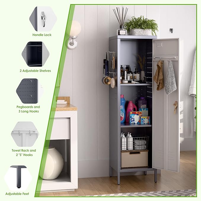 Aobabo Metal 54" H Metal Storage Locker for Employees, Lockable 1 Door with Towel Rack and 2 Side Pegboards with Hooks for Home School Office Gym, Assembly Required (Gray White)-DeskLoop Office