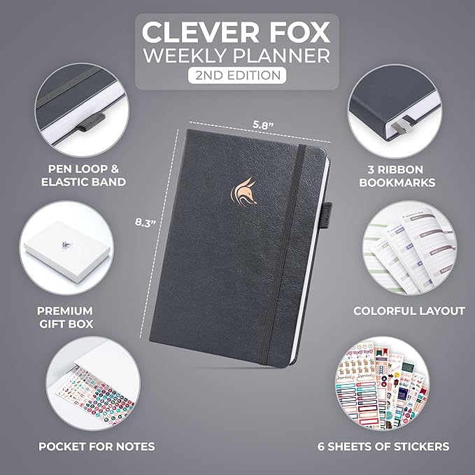 Clever Fox Planner 2nd Edition – Colorful Weekly & Monthly Goal Planner, Time Management & Productivity Organizer, Undated, A5 (Silver Black)-DeskLoop Office