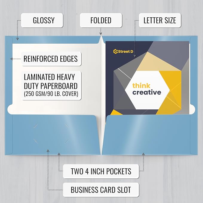 Better Office Products 2 Pocket Glossy Laminated Light Blue Paper Folders - Image 2