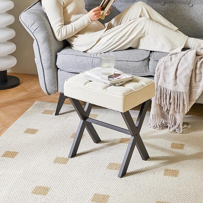 IBUYKE Square Makeup Stool with X-Leg Foot Rest, Linen Footrest, Ottoman Seat, Multi-Use as Small Side Table, for Bedroom, Living Room, Linen LG-70Y-DeskLoop Office