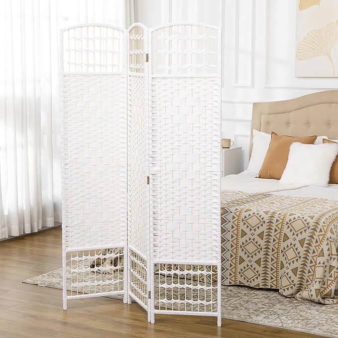 NicBex Room Divider 3 Panel Room Dividers with Woven Paper Design Partition Room Dividers and Folding Privacy Screens 5.6 FT Wall Divider for Office, Room Separation,47.25" W x 0.5" D x 67" H, White-DeskLoop Office