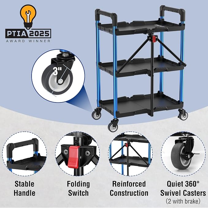 WORKPRO 3-Tier Collapsible Service Cart, 210 LBS Foldable Utility Cart - Image 5