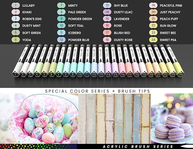 24 Flexible Brush Tip Acrylic Paint Pens Markers Set 1-7mm Line for Rock Painting, Brush Lettering, Glass, Mugs, Wood, Metal, Canvas, Fabric, Plastic Non Toxic Waterbased Quick Drying Assorted Pastel-DeskLoop Office