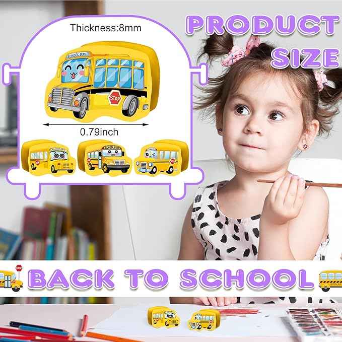 PerKoop 60 Pcs Mini Erasers for Kids Cute School Bus Erasers Bulk Welcome Back to School Gifts for Students Classroom Rewards Prizes Party Favors-DeskLoop Office