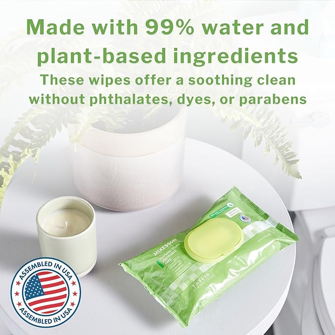 McKesson Flushable* Adult Wet Wipes – 576 Wipes (12 Pack of 48) – Aloe & Vitamin E, Plant-Based Cleansing Wipes, Scented