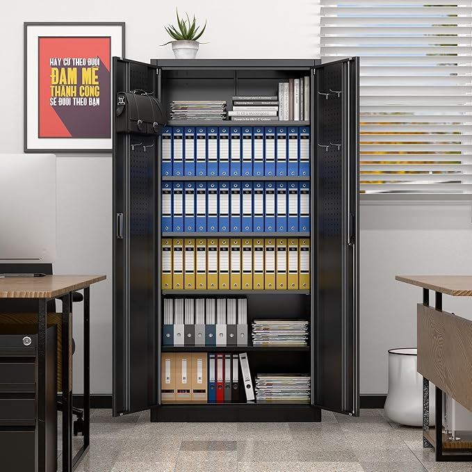 Aobabo Upgraded 71" H×34" W×18" D Metal Garage Storage Cabinet with Pegboards, Lockable Steel Cabinet with 5 Adjustable Shelves and 4 Hooks for Garage, Home, Office, Black,Assembly Required-DeskLoop Office