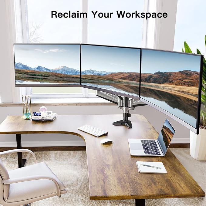 HUANUO Triple Monitor Stand - Full Motion Articulating Gas Spring Monitor Mount Fit Three 17 to 32 inch Flat/Curved LCD Computer Screens with Clamp, Grommet Kit, Silver-DeskLoop Office
