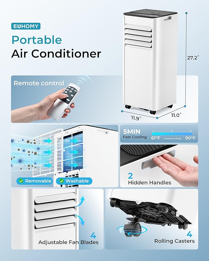 EUHOMY 10,000 BTU Portable Air Conditioners Up to 450 sq.ft, 3-1 Standing Smart Cooling AC with Remote, Dehumidifier, Fan, Air Conditioner Cools Room, 3 Modes, 24-hour timer, LED Display, Bedroom-DeskLoop Office