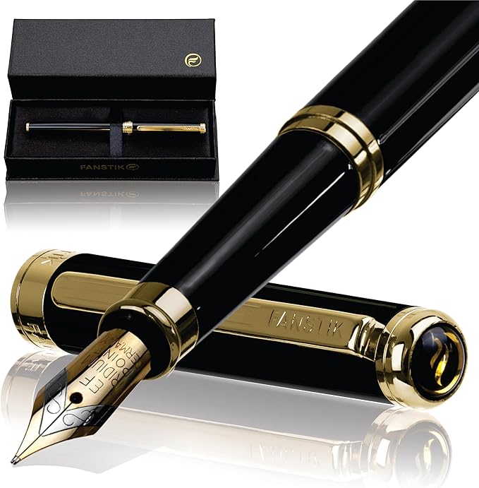 Customized Black & Gold Luxury fountain pen (Made In USA) fancy gift set for women, Real 24K Gold Plating, Professional executive pen gift set for men (Lux Custom-fountain Black-Gold)-DeskLoop Office
