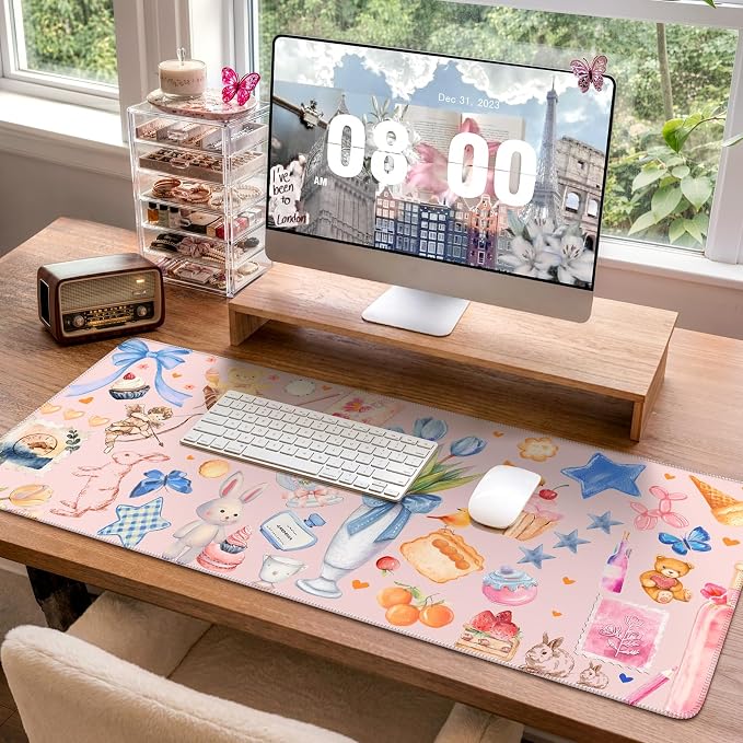iCasso Pink Desk Mat, Cute Aesthetic Large Mouse Pad, Waterproof Keyboard Pad - Image 3