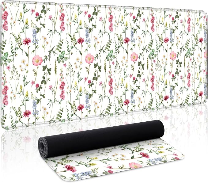 White Kawaii Flower Mouse Pad Large Desk Mat Extended Keyboard Mouse Pad Cute by Unknown