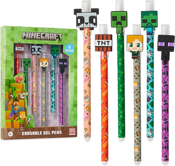 Minecraft Erasable Gel Pens Set, Colored Pens with Erasers Pack of 6, School Supplies - Gifts for Boys-DeskLoop Office