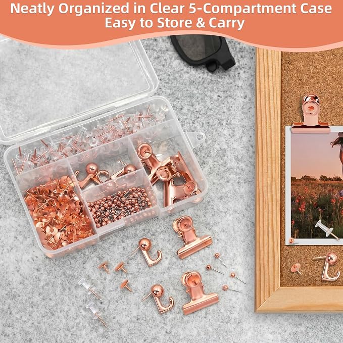 Rose Gold Push Pins Set, 5 Styles Office Pushpins Set in Storage Box - Image 8