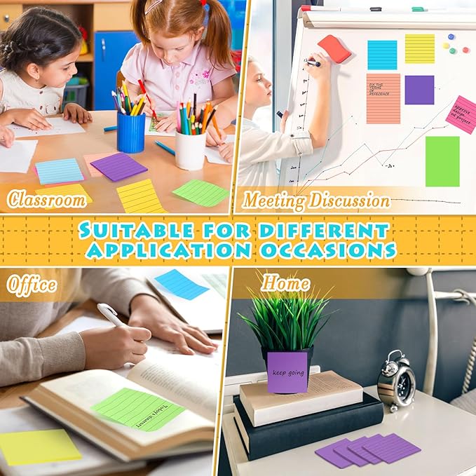 Yexiya 64 Pcs Lined Sticky Notes Self Stick Notes with Lines Bright Assorted Colors Sticky Pad for Home Office Products Post Memos, 1920 Sheets(4 x 6 Inch, 3 x 3 Inch,Multi Color)-DeskLoop Office