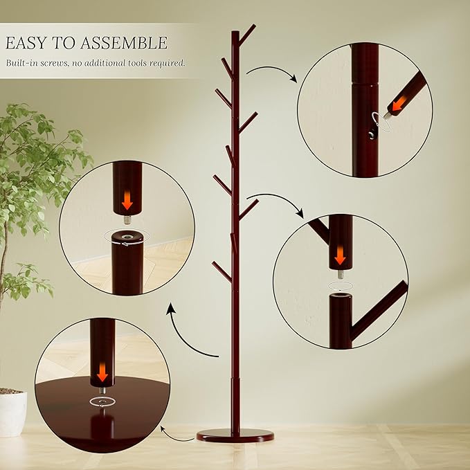 Wooden Coat Rack Freestanding Coat Tree with 4 Height Options and 9 Hooks, Sturdy Coat Rack Stand for Clothes/Bags/Hats, Easy Assemble Save Space for Entryway,Bedroom,Office,Narrow Place (Brown)-DeskLoop Office