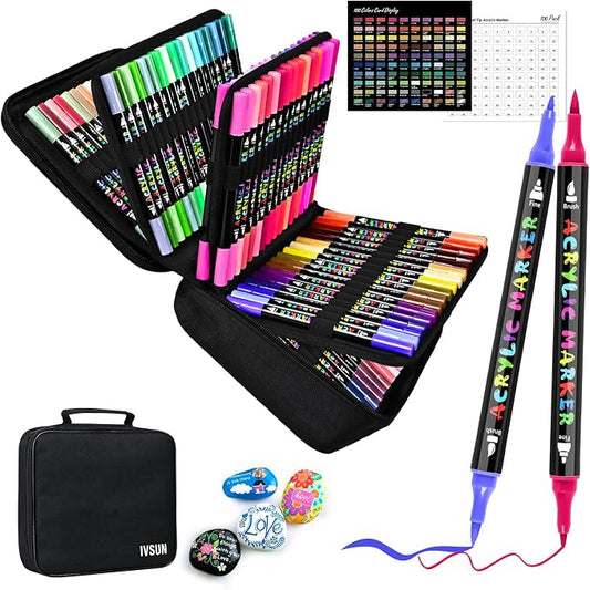 IVSUN Acrylic Paint Pens, Dual Tip Paint Markers, 100 Colors | Fine & brush tips by IVSUN