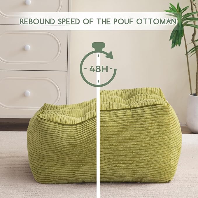 HIGOGOGO Square Stuffed Pouf Ottoman, Corduroy Poufs with Foam Chunk Filling, Furry and Fluffy Pouf Foot Stool Storage Ottoman, 25.6 X 25.6 Floor Poufs Foot Rest for Living Room, Green-DeskLoop Office