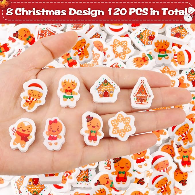 FOIMAS 120pcs Christmas Erasers, Mini Xmas Eraser Gingerbread Man Pencil - Image 3