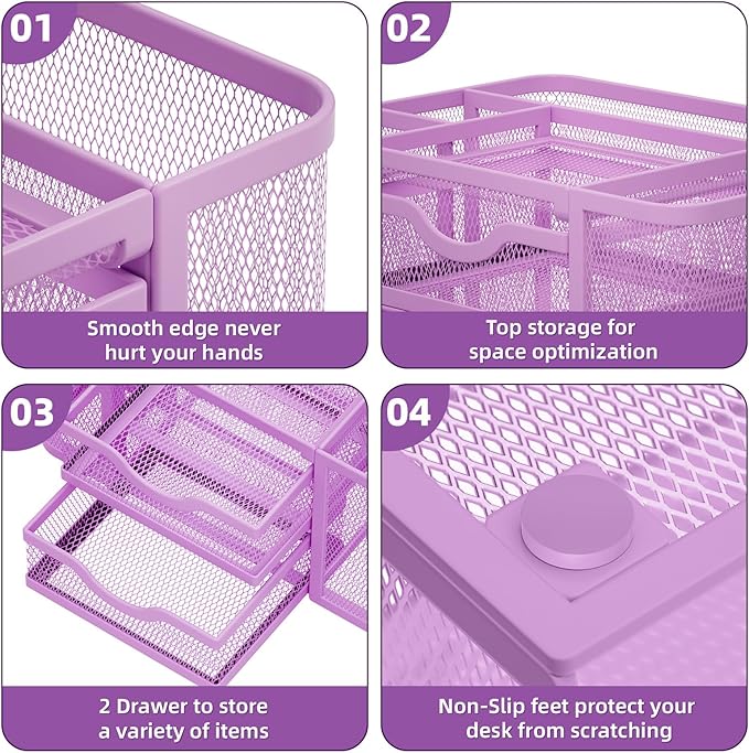 Marbrasse Mesh Desk Organizer, Pen Holder with 2 Drawer, Multi-Functional Pencil Holder, Desk Organizers and Accessories with 5 Compartments + Drawer for Office Art Supplies (Purple)-DeskLoop Office