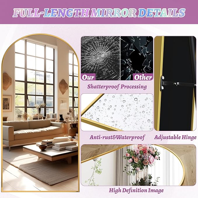 Full Length Mirror, 81"x41" Oversized Floor Mirror Freestanding, Full Body Floor Standing Mirror with Stand, Hanging Mounted for Bedroom Living Room, Gold, Arched Style-DeskLoop Office