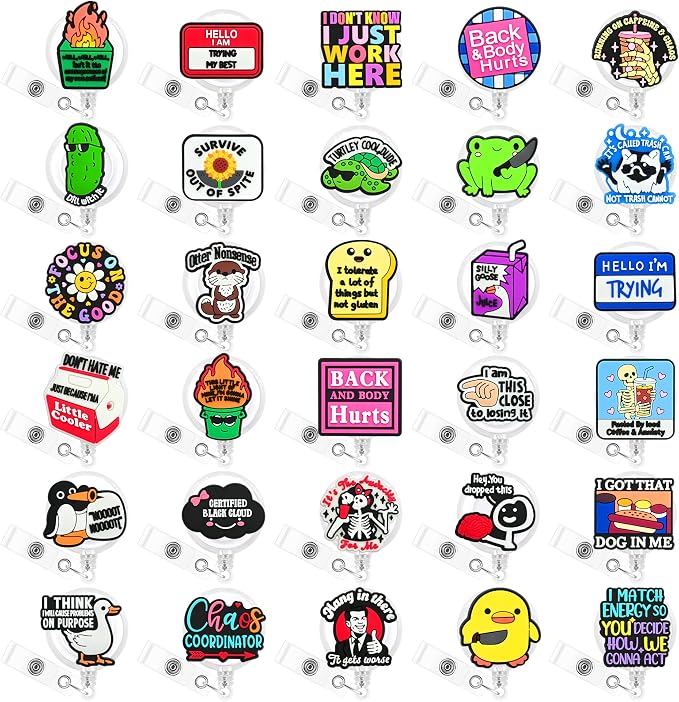 30 Pack Funny Retractable Badge Reel Holder Fun Humorous PVC ID Badge Reels by YEALQUE