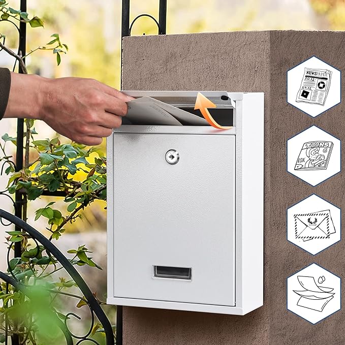 KYODOLED Key Lock MailBoxes for Outside, Locking Wall Mount Mailbox, Security Key Drop Box for Letters Newspapers, Cards, 12.4H x 8.54L x 3.35W Inches, White-DeskLoop Office