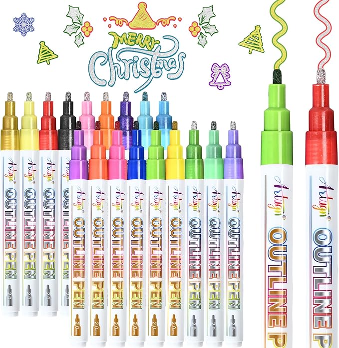 Outline Markers, 18 Metallic Shimmer Glitter Gel Pens, Tween Teen Girl Gifts by Artugn