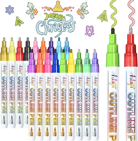Outline Markers, 18 Metallic Shimmer Glitter Gel Pens, Tween Teen Girl Gifts by Artugn
